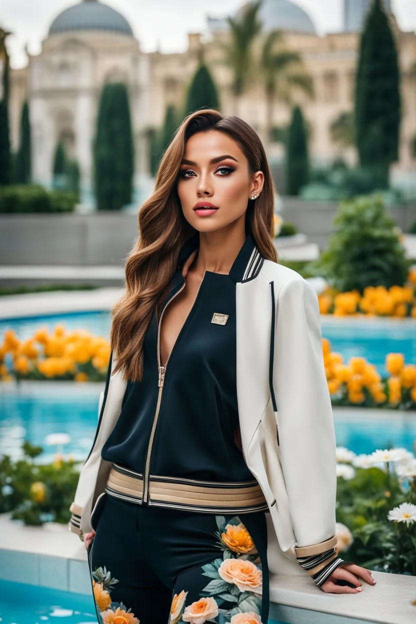 fullbody shot of young-beautiful-girl-with-a-perfect-face-with-make-up-wearing- sport pants and jacket standingnext to a big Square with a flowers and small round pool with clean water in center , modern city scape environment .