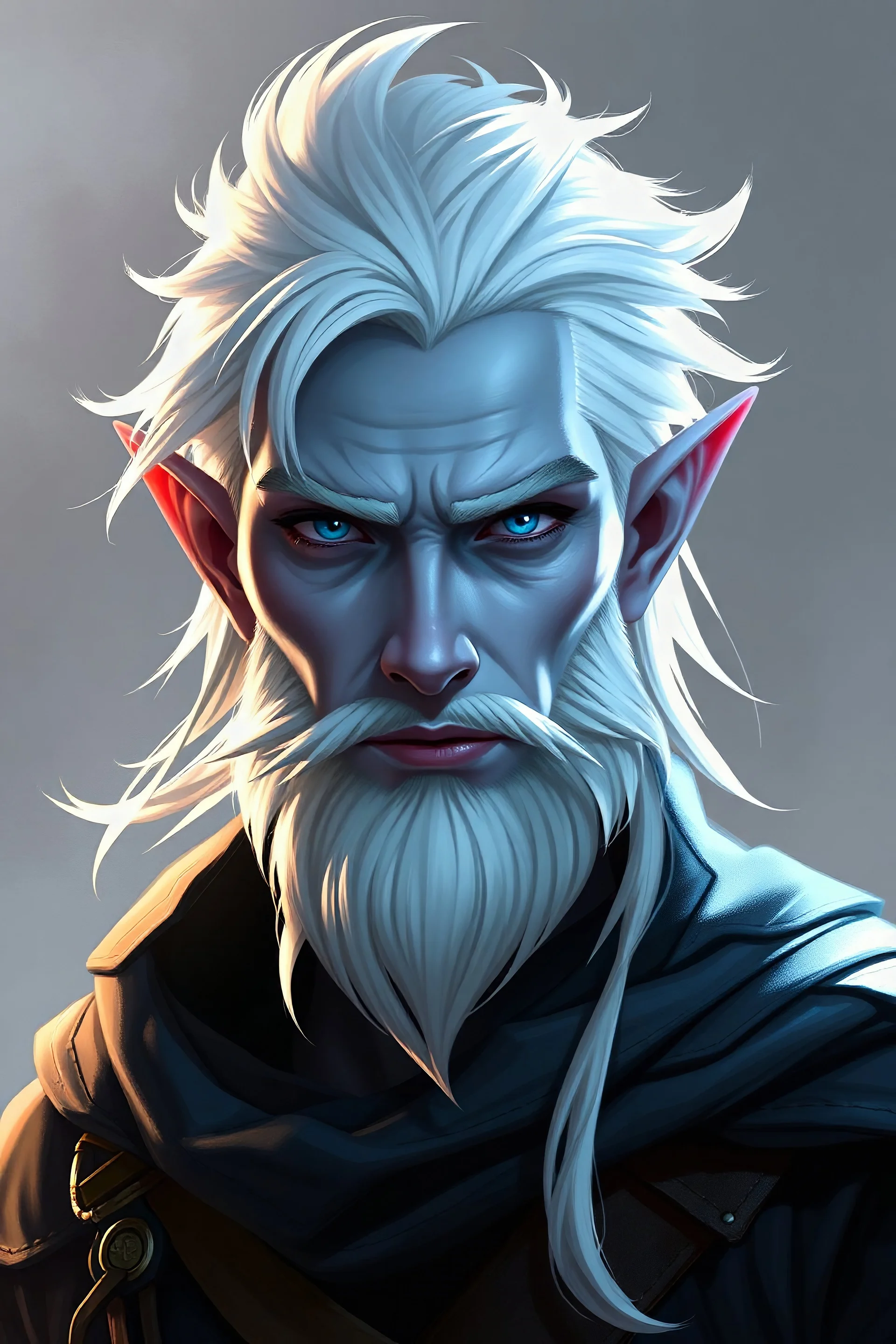 create a male air genasi from dungeons and dragons, pointed ears, slight smile, light blue eyes, light blue skin, white wind like hair, short trimmed white roguish beard, dark leather clothes, adventurer, digital art, high resolution, fantasy, strong lighting