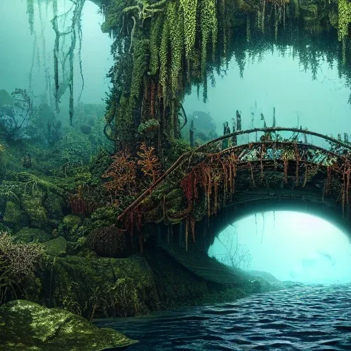 a forest and bridge submerged underwater, school of fish, 8k Resolution, Fine-Detail, High-Quality, Intricate, Detailed Matte, 3d Octane Render, Beautiful, Stunning, Brian Froud, Selina French, Howard Lyon, Greg Rutowski, Annie Dittman, Annie Stokes