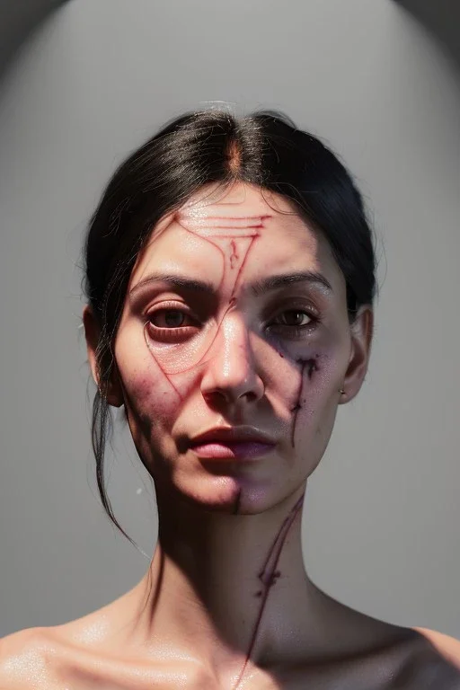 Ultra Realistic image, 38 years old Spanish woman, portrait, small complexion, natural small busty, traditional Japanese body tattoo, jakuza style, vibrant color, highly detailed, art stations, concept art, smooth, unreal engine 5, god rays, ray tracing, RTX, lumen lighting, ultra detail, volumetric lighting.