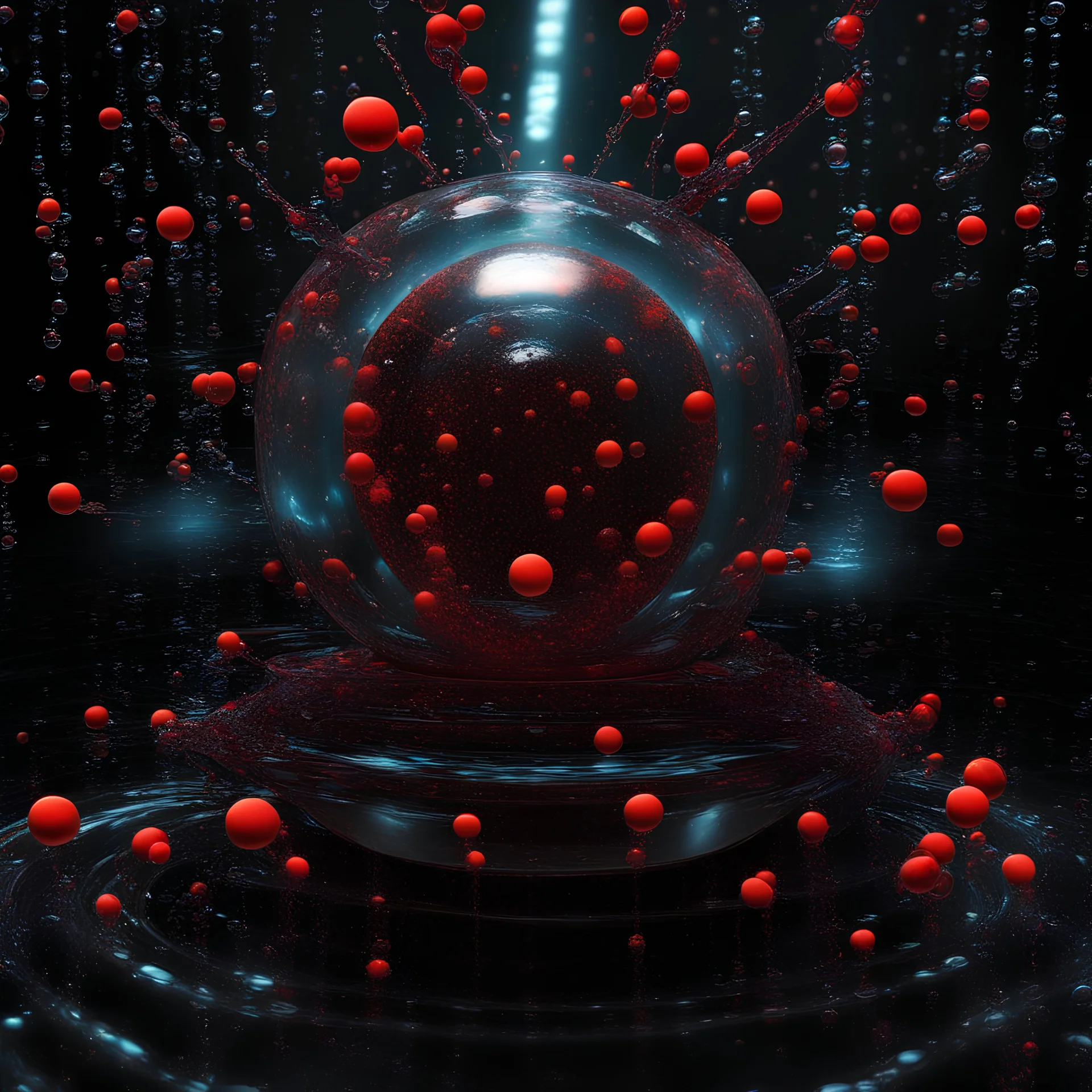 Brent Cotton, Craola esque, provoking slick wet raytraced bubbles nanotech biotech geometric macro-photography. "chemical danger" droplets, sri yantra, fluorescent, translucent, blood, caustics, ray tracing, random, octane, redshift, cycles, vray, ILM. raypunk, cyberpunk, splatterpunk, cinematic photorealistic influenced by artstation, wildlife photography and Yvonne Coomber