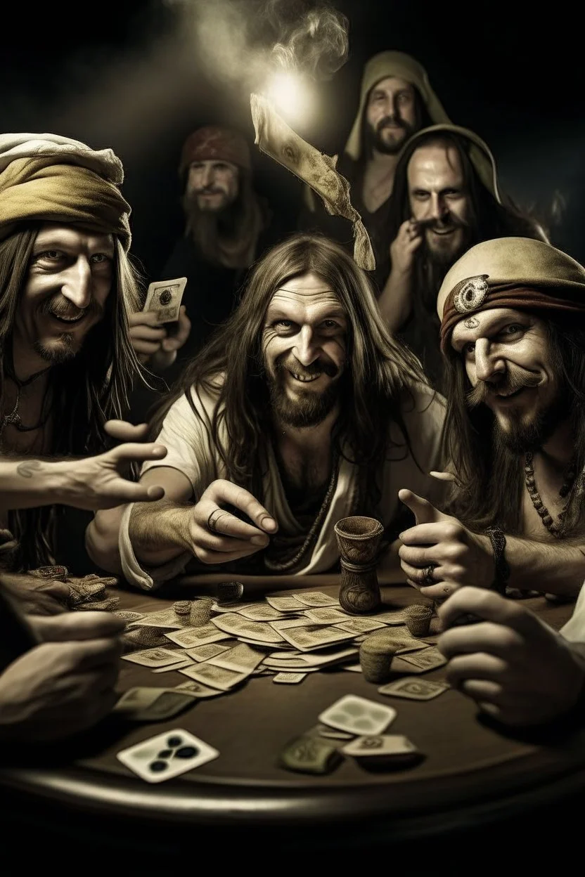 Jesus and some pirates friends smoking and playing cards, davinci. Surreal. Agony face, smile, scream. Fish eye lense camera.