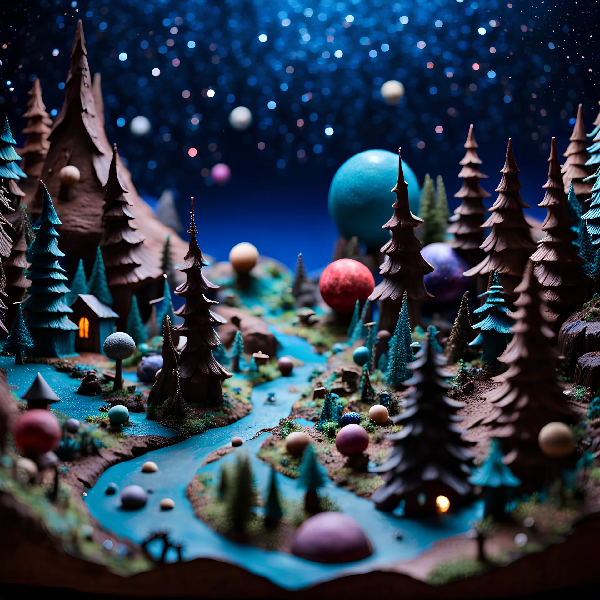 Detailed creepy landscape made of modeling clay, village, stars and planets, Roger Dean, naïve, Tim Burton, strong texture, Ernst Haekel, extreme detail, Max Ernst, decal, rich moody colors, sparkles, Yves Tanguy, bokeh, odd