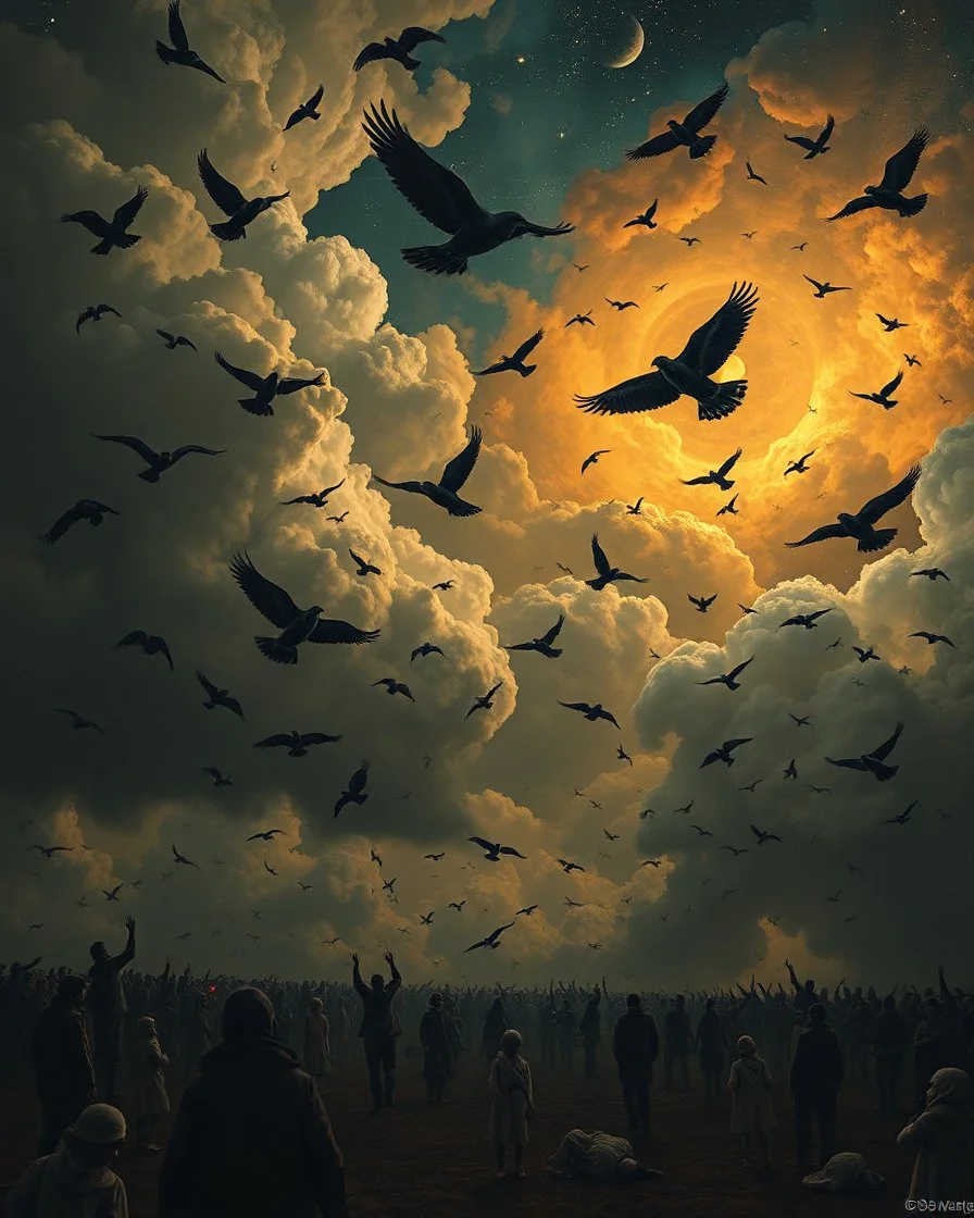 Bosch painting style, nightmare , people suffering in hell , dramatic, great quality picture with cinematic scenes , show only heavy clouds in the background, many dead bodies like stars in the sky , children’s and black birds fill the backgrounds birds are taking the humans in the sky