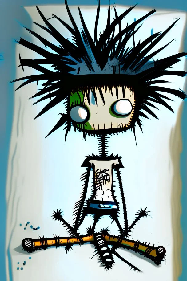 2d drawing of a stickman, cool with punk hair, x eyes like in hangman, laying flat on stomach,top view of full body,3d realistic in colour