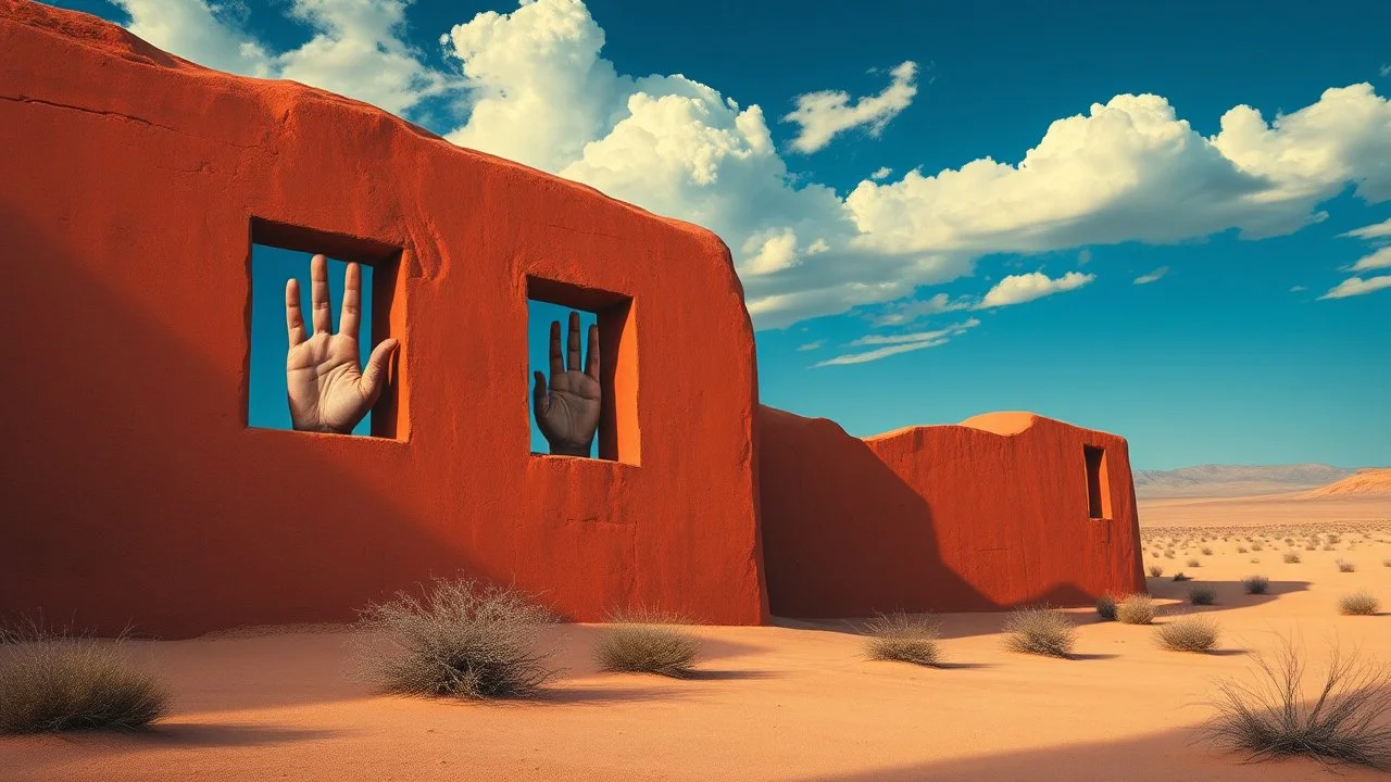 Paisaje onírico desértico con una pared de arcilla roja que tiene ventanas rectangulares por donde asoman manos humanas gigantes con dedos entrelazados de forma imposible, estilo surrealismo clásico con cielos de color azul cobalto profundo.