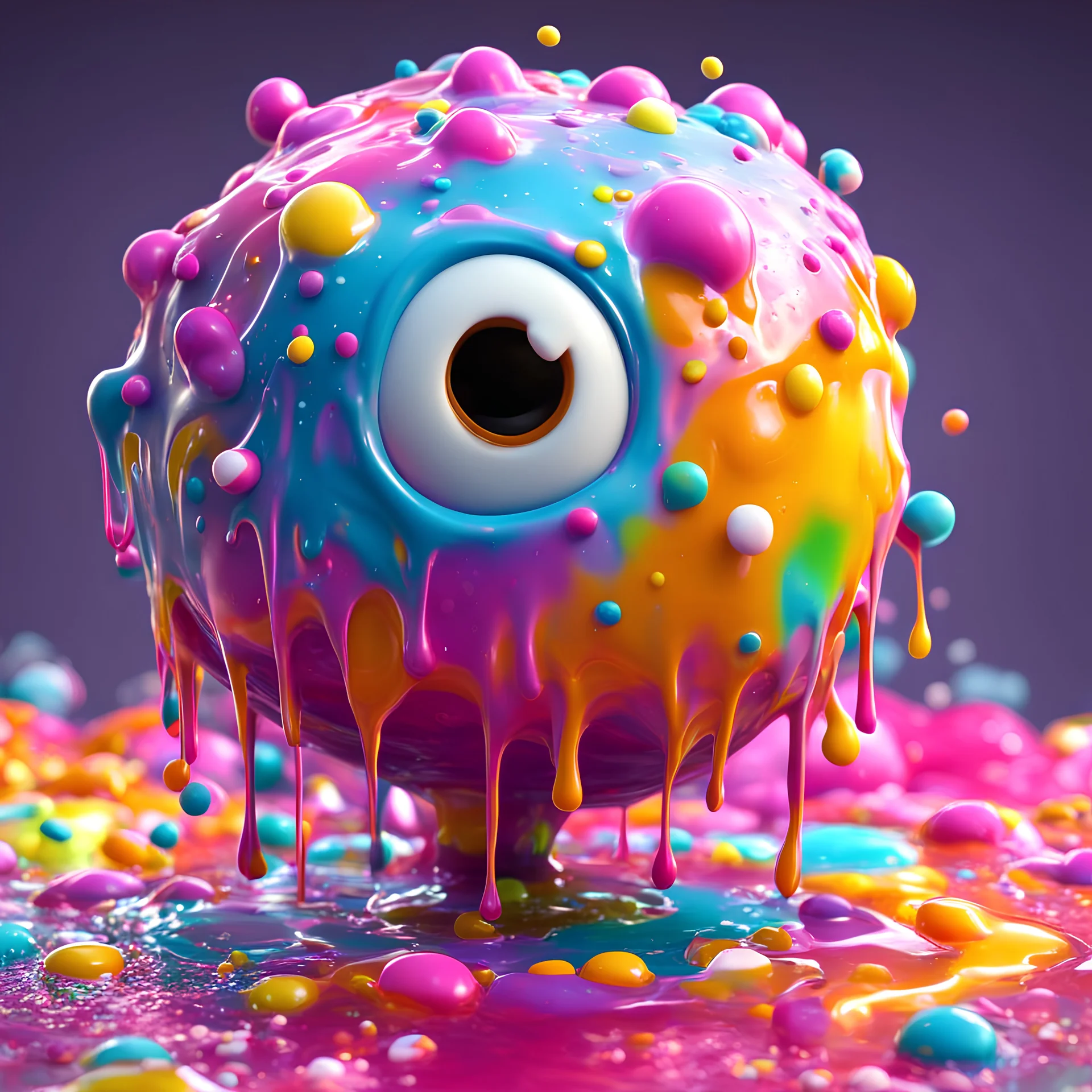 ((gooey melting creature)), Pixar style, 3D character, animated realism, fluid form, ((dripping bubblegum goo-like body)), adorable and cute, photorealistic cg, concept art, vibrant colours, standing, ((fun scary)) highly detailed, soft diffused lighting, stylised and expressive, wildly imaginative, coloured sprinkles, glazed marshmallows, chocolate toppings, smooth texture, cgsociety, pop surrealism, Recursive ray tracing, high fidelity, Houdini FX, mantra renderer