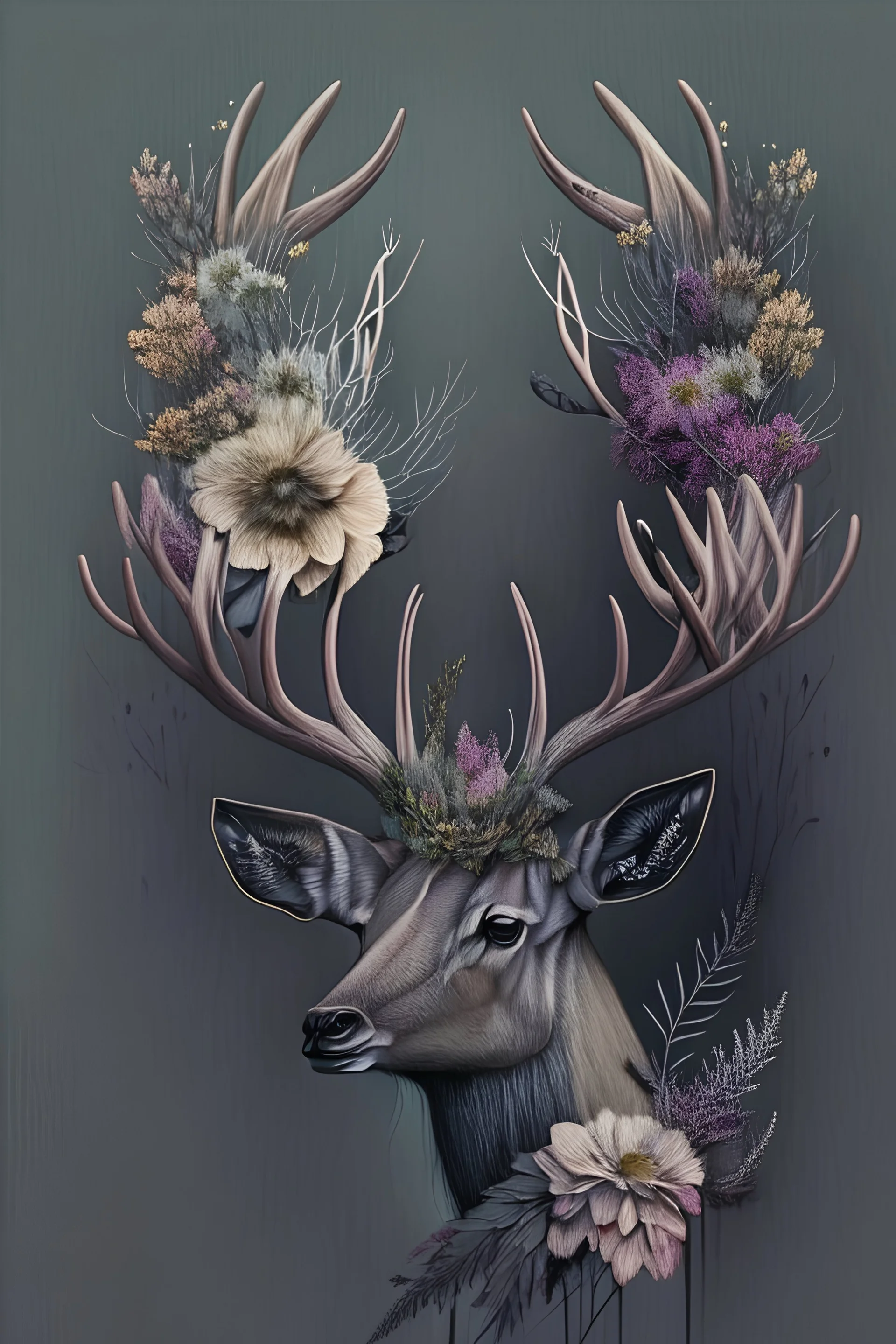 Drawing of stag head with horns made of flowers, muted colors, flowers and insects, minimalistic, realistic, dark background