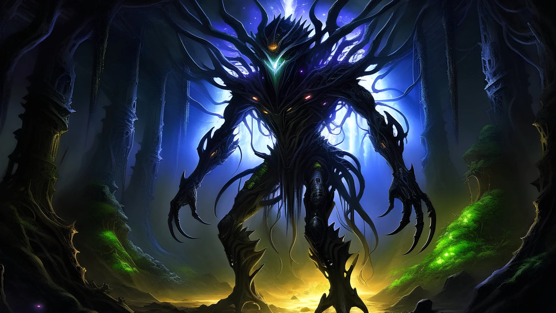 Amidst the dim glow of a subterranean cave, the imposing figure of Mattermaw stands tall, its metallic exoskeleton glistening with an ethereal luminescence. Surrounding the monstrous technorganic creature, a sprawling network of intertwining tendrils and pulsating nodes create an otherworldly biomechanical environment. From the shadows emerge a legion of drones, each intricately designed, their multifaceted forms echoing the complex harmony of the cave's techno-organic embrace
