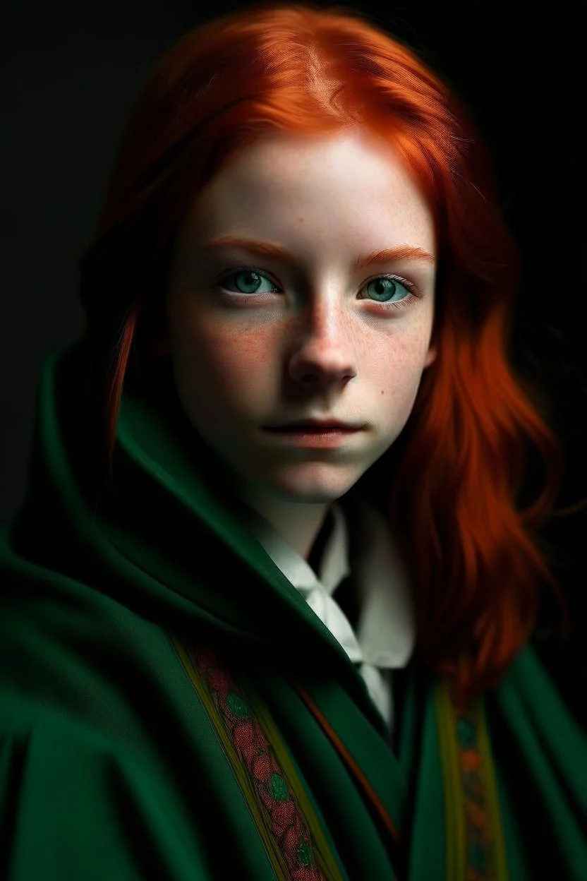 A girl with red hair and green eyes and she is wearing a Hogwarts robe