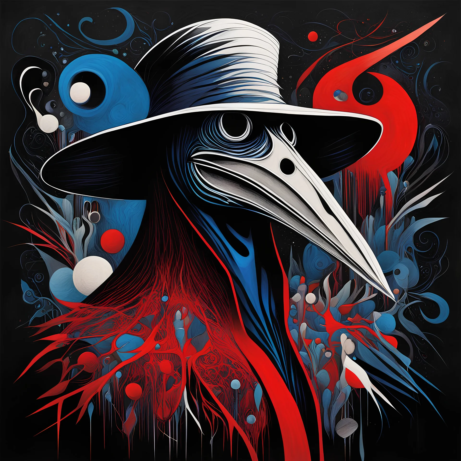 Surreal abstract composition by Rex Ray: sinister plague doctor dissociated; red, midnight_blue, white, and black color scheme, black background