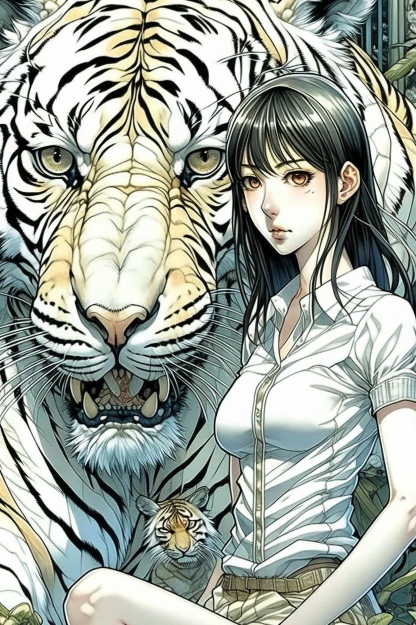 junji Ito ~ shintaro kago ~ apollonia saintclaire ~ saturno butto ~ anime woman posing. standing next to giant fierce white tiger. anime style alluring. cute, amazingly girly. Cute. anime girl. unrealistic feminine anatomy, very feminine pose. Gorgeous features . Hyper detailed. High definition. Anime style. HDR. 8k. This contrast between the fantastical character and the more bold color scheme and elements gives the piece an intriguing narrative quality. painted realism, photorealistic, fantasy