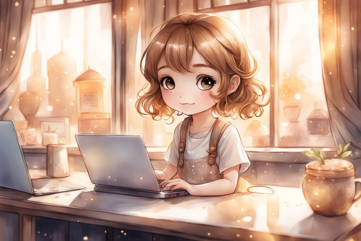 cute chibi light brown haired girl sitting in a dessert shop, working on a laptop, satin curtains, blur 5% in the sunshine, watercolor and black ink outlines, sparkling golden glitter, ethereal, cinematic postprocessing, bokeh, dof