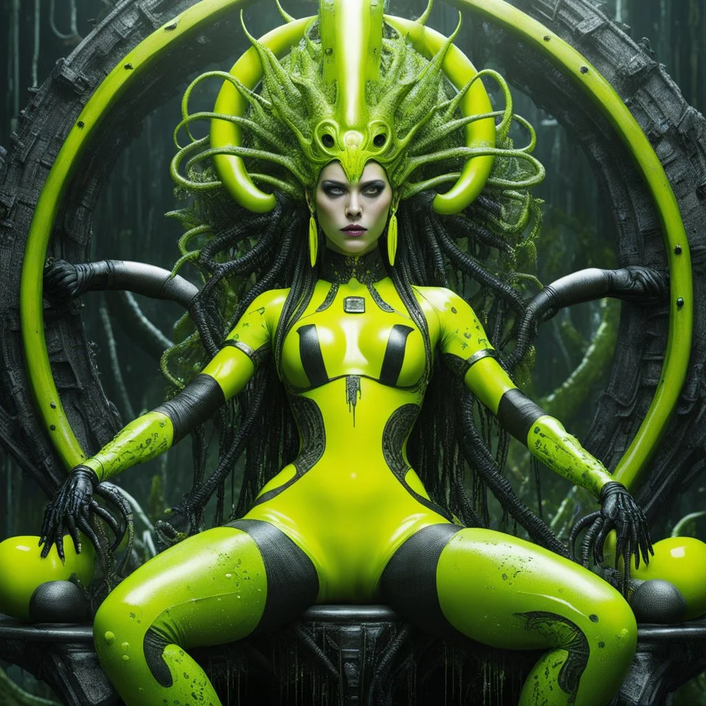 (design by HR Giger) sci-fi "Cyberpunk robotic" dominating gynoid medusa in splattered slime yellow leotard, queen of the jungle, on her tech throne above the swamp