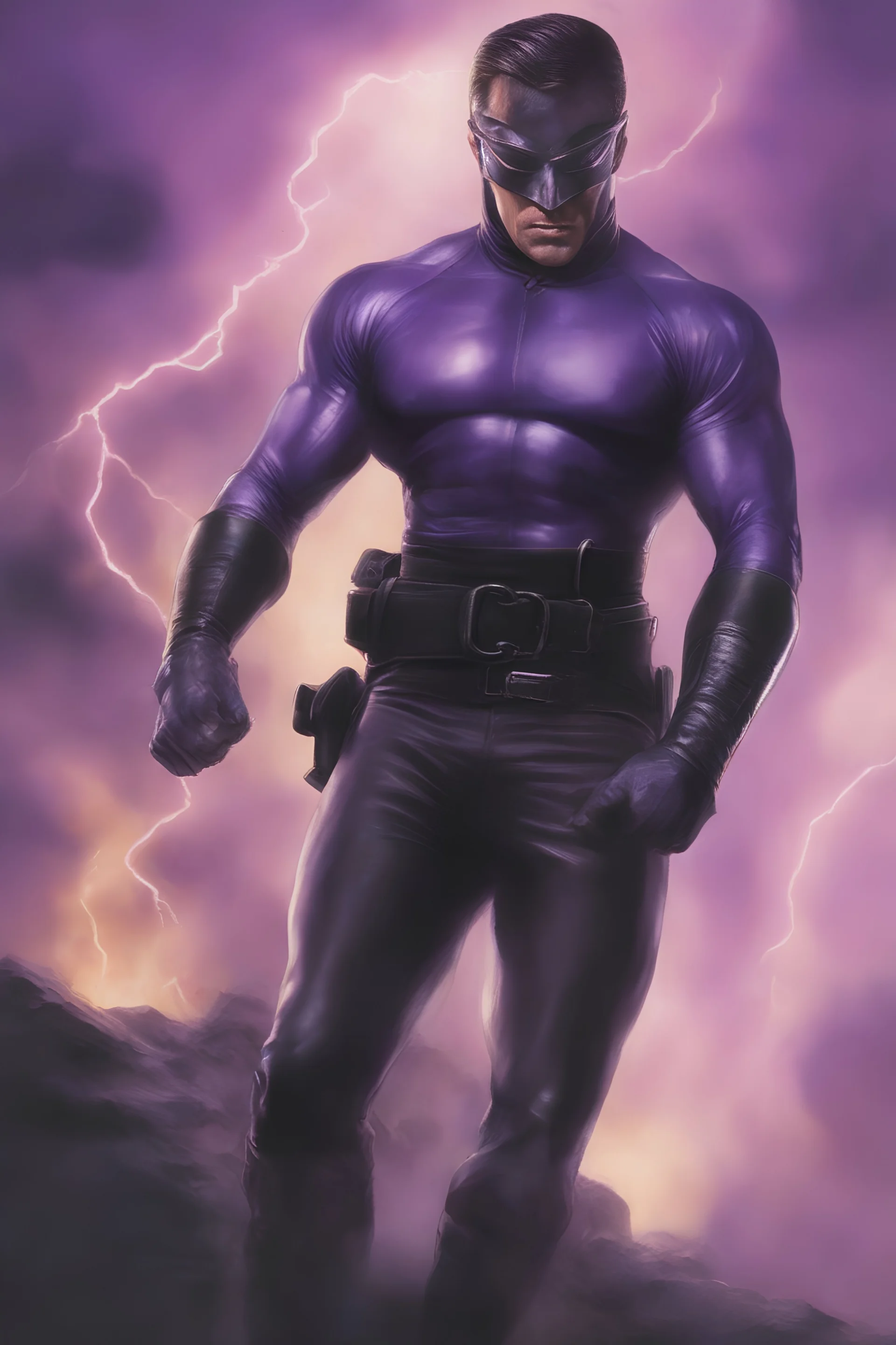 Kent Walker aka THE PHANTOM, Strong, athletic physique, Flexing poses, skin-tight, formfitting purple nylon and leather bodysuit, skin-tight, formfitting purple cowl, black utility belt, double holstered pistol belt, black knee-high boots, glowing white eyes, battle scars, blood, ((foggy, cloudy background, multicolored lightning, flowing lava, Full Eclipse, aliens, explosions, bright, vibrant, extremely colorful, detailed, blood red skies))