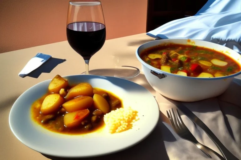 a good garlic Brasov stew with potatoes and a glass of chilled wine in a hospital room in sunshine