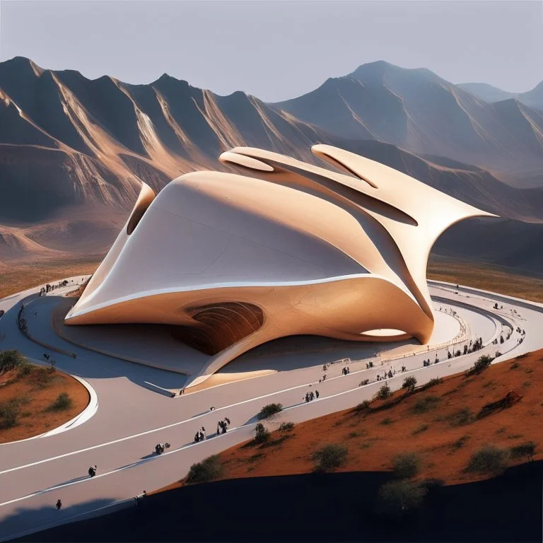 A cultural center and its ant shape simulating the design of Zaha Hadid, beige, with internal and external lighting, landscape, mountains, parking lots and people.