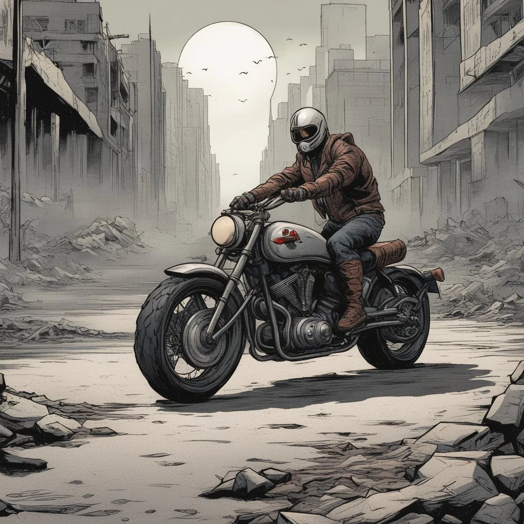 motorcycle, apocalyptic city background, comic book,