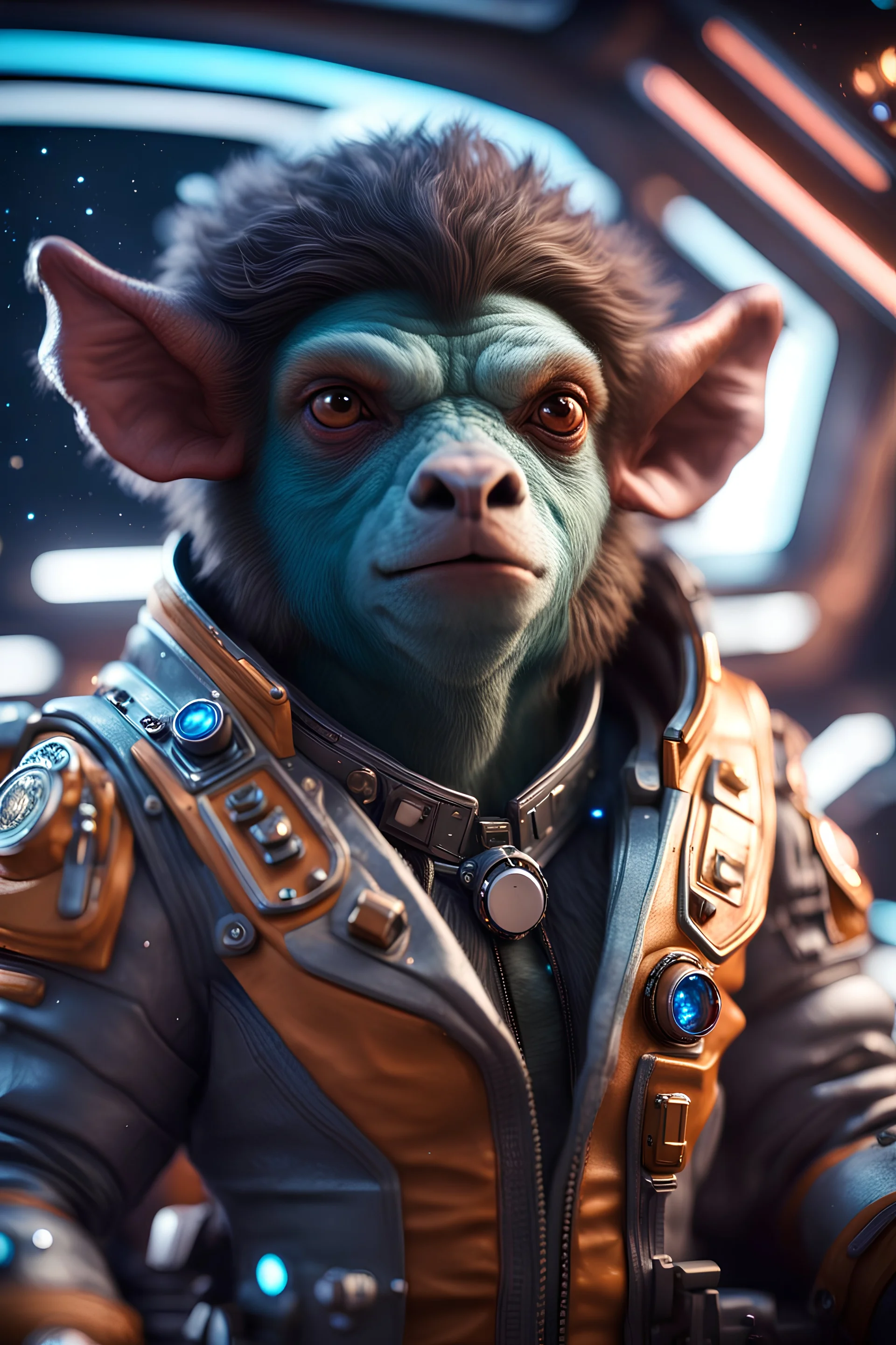 pen outline, really macho pimp gremlin Bison captain that go hard sitting in space station cockpit , in front of space portal dimensional glittering device, bokeh like f/0.8, tilt-shift lens 8k, high detail, smooth render, down-light, unreal engine, prize winning