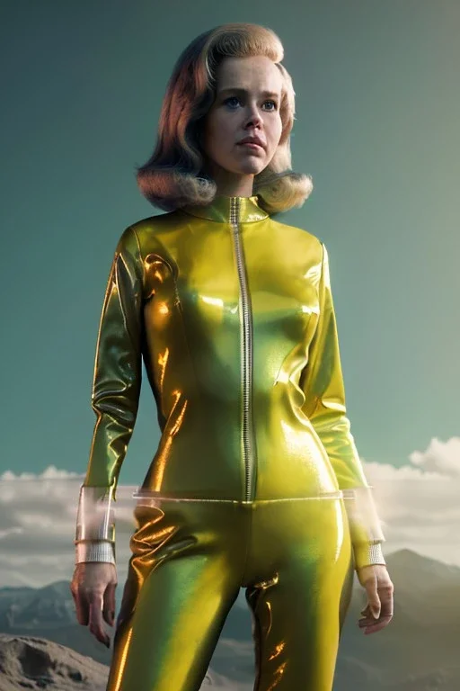 Ultra Realistic retro sci-fi portrait image from 1960, New York, spaceship, sweet young Jane Fonda, tight latex suit, weapon, fighting stance, soft color, highly detailed, unreal engine 5, ray tracing, RTX, lumen lighting, ultra detail, volumetric lighting, 3d, finely drawn, high definition, high resolution.