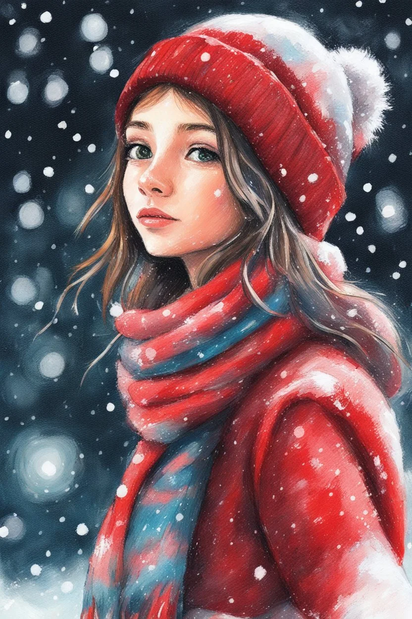 Painting of a cute girl in a red hat and scarf, snowfall in the background, bright night, oil pastel painting style