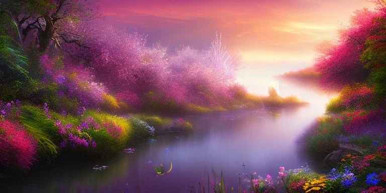 bright fairy, beautiful portrait, flowery landscape