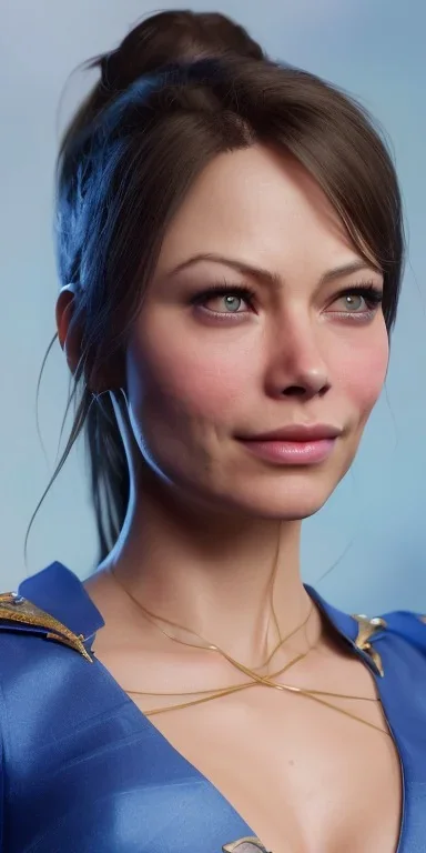 portrait busty and face, kristin kreuk, wearing blue chun li clothes