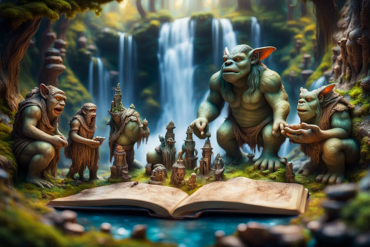 book cover oil painting of archeologists discovering woodland creatures in Rivendell worshipping big fat alien troll statues with many head and idols like from a myth or legend, on a strange planet with weird colors and waterfalls, bokeh like f/0.8, tilt-shift lens 8k, high detail, smooth render, down-light, unreal engine, prize winning