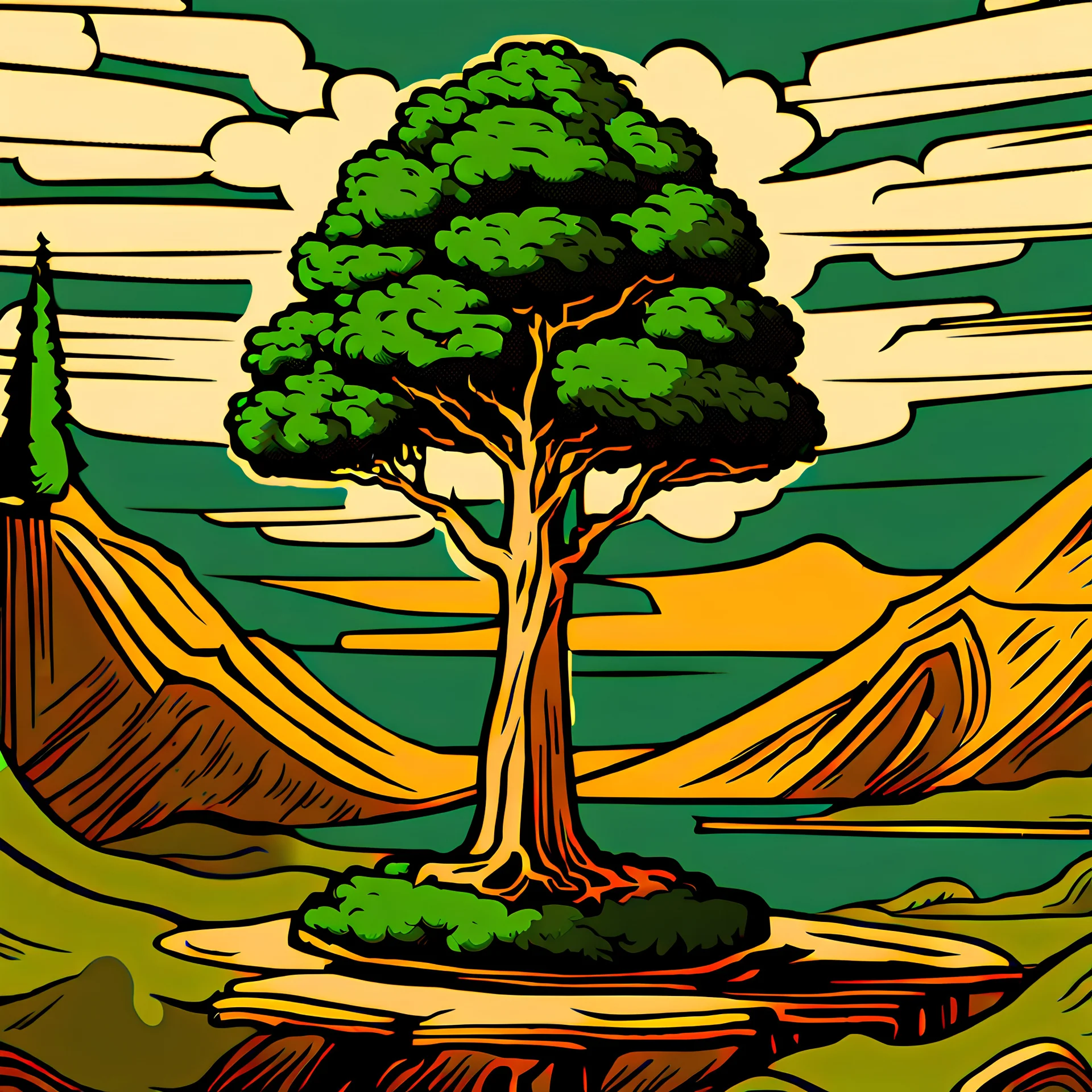 a cypress tree symbol, comic style, Persian, relates to a criminal case