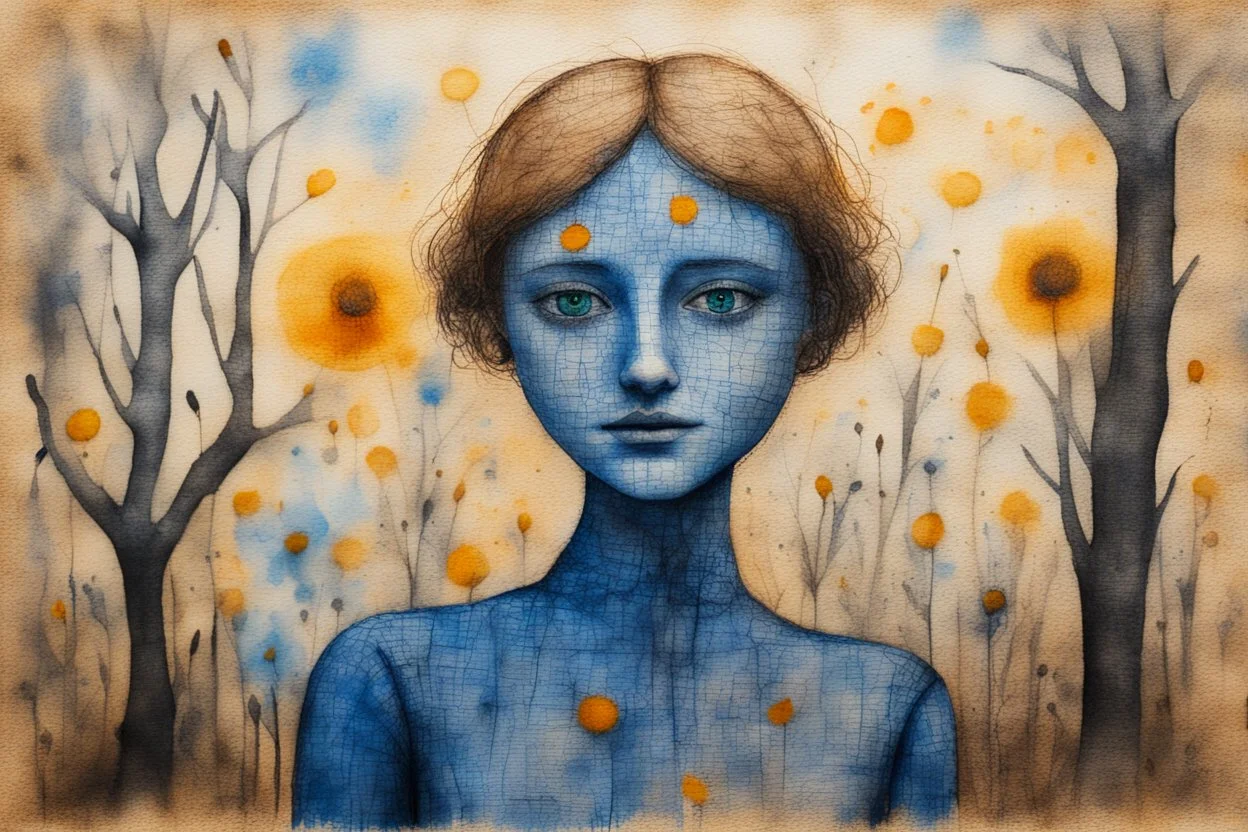 painted and burned burlap, forget-me-not woman, styles of Paul Klee Dee Nickerson and Tim Burton, melting watercolor and black ink outlines on wet paper, soft, shading strokes, in sunshine, ethereal, otherwordly, cinematic postprocessing, bokeh, dof