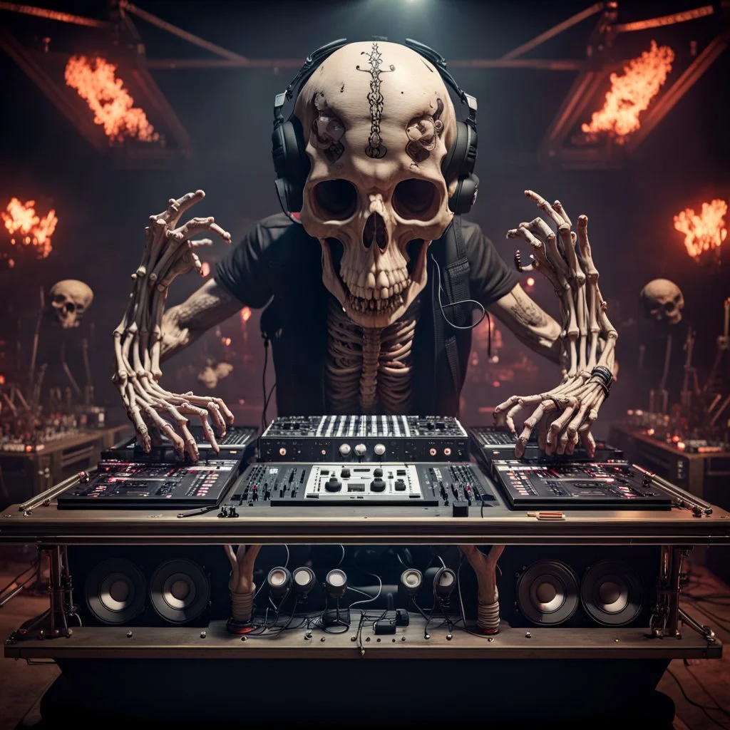 DJ of the damnded, insanely detailed DJ booth in hell, MID set, speakers and equipment made of bone, anatomically correct, add more skulls in th audience, photorealism, vray, 8k 3d