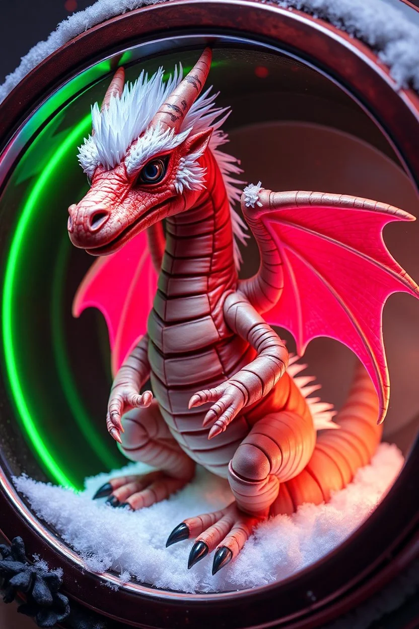 The image depicts a fantastical duck mummy snow soup santa, specifically a dragon with neon flash aura, with a unique and whimsical appearance. The dragon is positioned in a circular frame, which suggests it might be inside a container or a vessel. The dragon's body is elongated and has a segmented appearance, with a detailed texture that gives it a realistic look. Its head is covered with white, spiky hair, adding to its fantastical charm. The dragon's wings are large and spread out