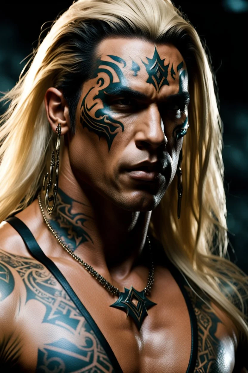 Jason David Frank as muscular alpha male with Long blonde hair and tribal body tattoos and piercings, dark fantasy, intricate details, hyper detailed. 4K. Ultra Realistic