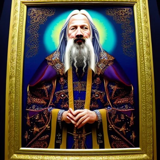 portrait painting of a wizard, ultra highly detailed, intricate details, shiny, pipe smoke, metallic, robes, embroidery, runes