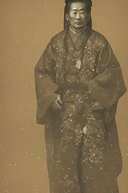 A man in old Japanese clothes is standing in nature while it is raining , winter rain,dramatic scene