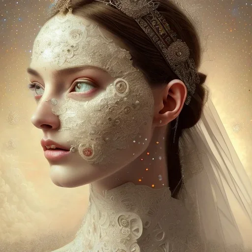 home-made paper collage art of beautiful bride's face, mix and match, fine detail, highly intricate, wearing bridal veil, modern surrealism painting, high-quality, volumetric lighting, 8k, ultrahd, George Grie, Marco Escobedo, Igor Morski