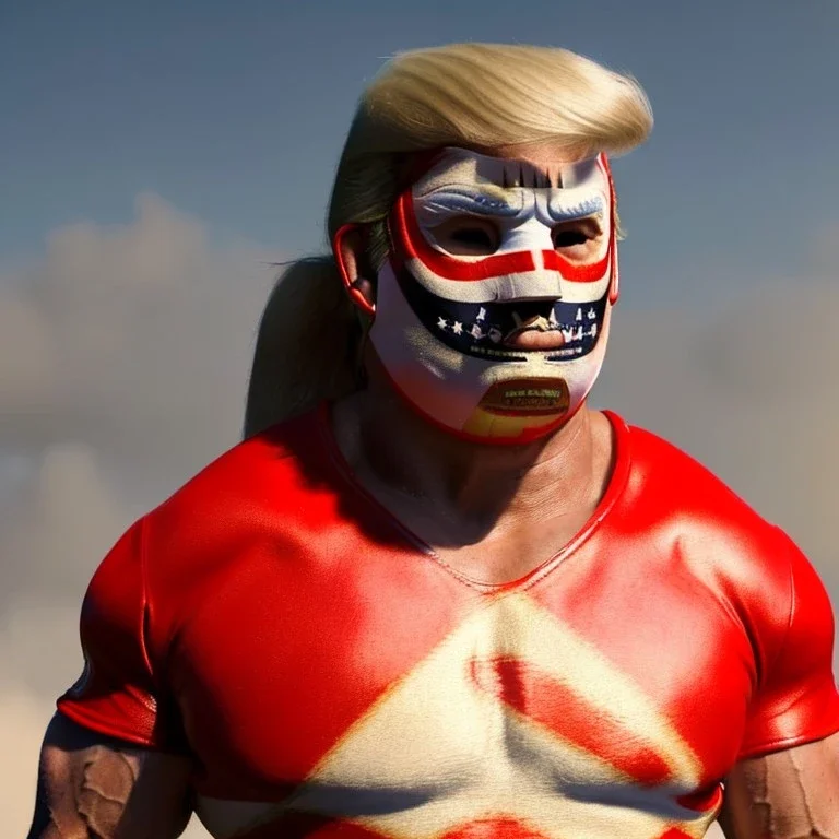 Realistic image of Donald trump wrestler, Mexican wrestling style, Mexican wrestling mask for eyes, red and blue breeches, glow us flag dress, suspenders, retro style, 80s, vibrant color, highly detailed, sky background, concept art, unreal engine 5, god rays, ray tracing, RTX, lumen lighting, ultra detail, volumetric lighting, 3d, finely drawn, high definition, high resolution.