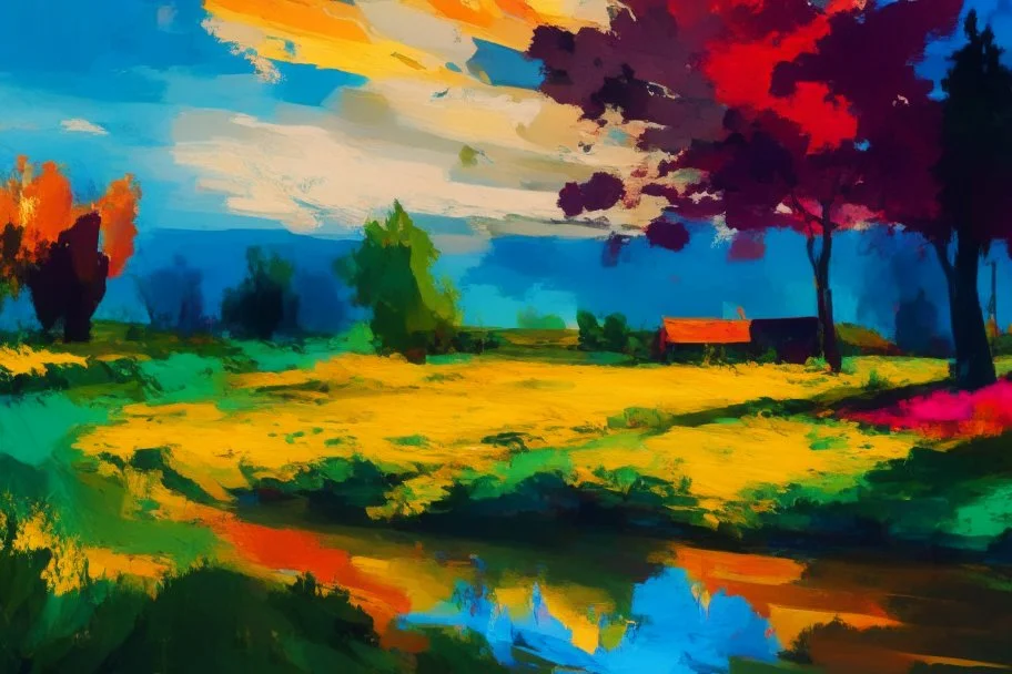 Paint a landscape in the style of Post- Impressionism, with bold colors and expressive brushstrokes.