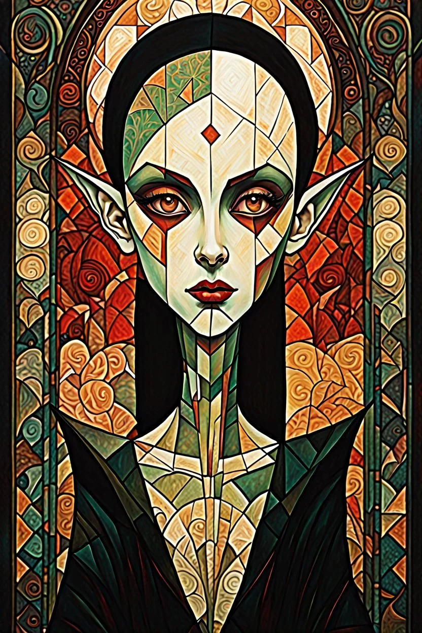 create an abstract, cubist, highly ethereal, darkly magical full body illustration of a deeply sorrowful, savage Nosferatu vampire girl with highly detailed and deeply cut facial features, in the style of GUSTAV KLIMT, EDWARD BURNE-JONES, WILLIAM MORRIS, and KATHE KOLLWITZ combined with the comic art style of BILL SIENKIEWICZ and JEAN GIRAUD MOEBIUS, searing lines and forceful strokes, precisely drawn, inked, and darkly colored