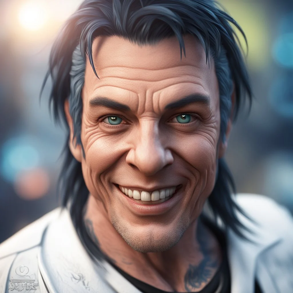 smiling david icke as cyperpunk witch hunter with dark hair, dark blue eyes and black tattoes,bokeh like f/0.8, tilt-shift lens 8k, high detail, smooth render, down-light, unreal engine,bokeh like f/0.8, tilt-shift lens 8k, high detail, smooth render, down-light, unreal engine