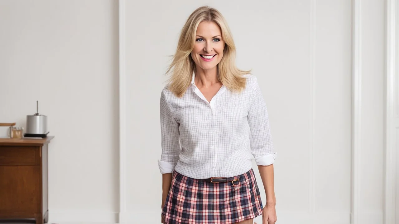 showing her knees, a happy 40 years old blonde woman dressed as a schoolgirl. standing in the living room with a school satchel. white shirt and short plaid skirt,