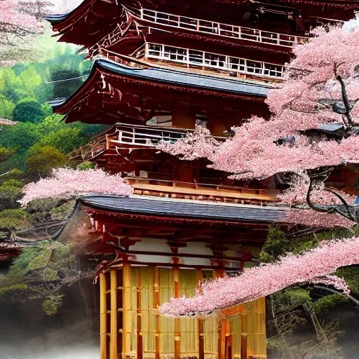 bamboo scroll with the most beautiful, stunning Japanese temple carved into a mountainside, morning mist, cherryblosssom trees, artwork, ornate, mystical, 8k, high-quality, ultrafine-detail, intricate, digital painting, brian froud, howard lyon, selina french, anna dittmann, annie stokes, Greg Rutowski