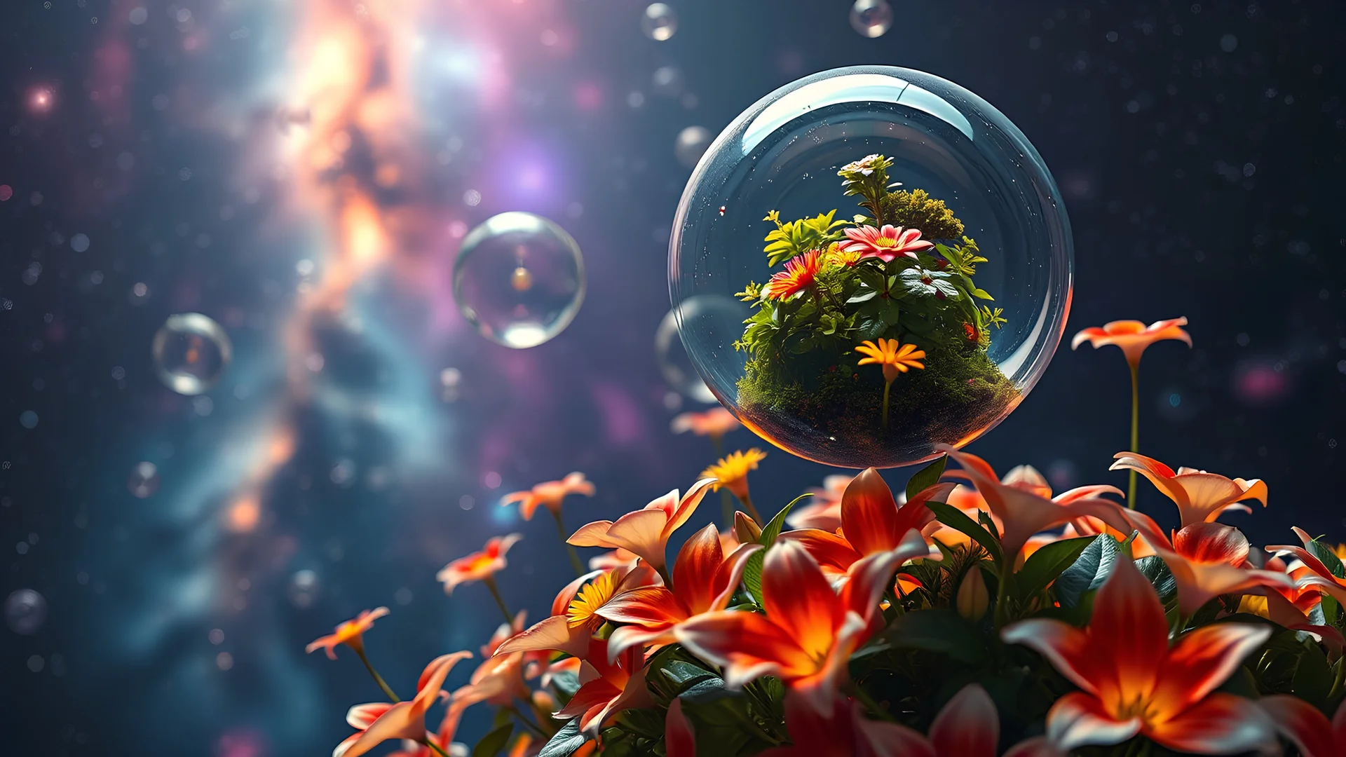 A luscious garden floating in space, where flower petals glow with the colours of distant galaxies. Many giant transparent bubbles hover above, containing miniature gardens thriving in weightlessness. Beautiful award-winning photograph, 80mm focal length, rule of thirds.. Award-winning photograph, 80mm focal length, chiaroscuro