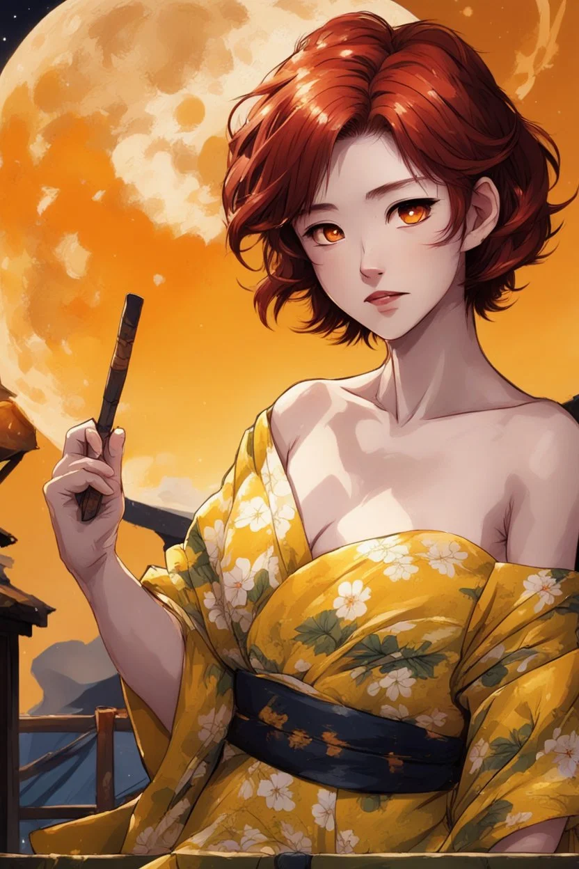 (Asian), short hair, fiery red hair hair, yukata, yellow clothes, 8k, best quality, winking, very dark night time, lighting from moon yellow moon, perfect, masterpiece