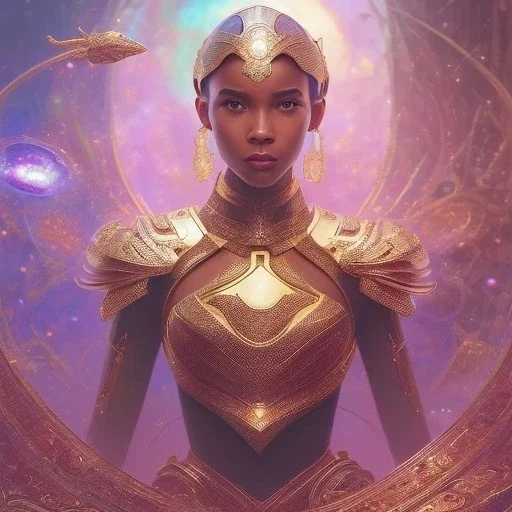 cosmos masterpiece, sango fantasy, fantasy magic, intricate, sharp focus, illustration, highly detailed, digital painting, concept art, matte, artgerm and paul lewin and kehinde wiley, full figure, fit in board, cyber punk, pretty accurate hands face fingers, natural aye, fit within portrait