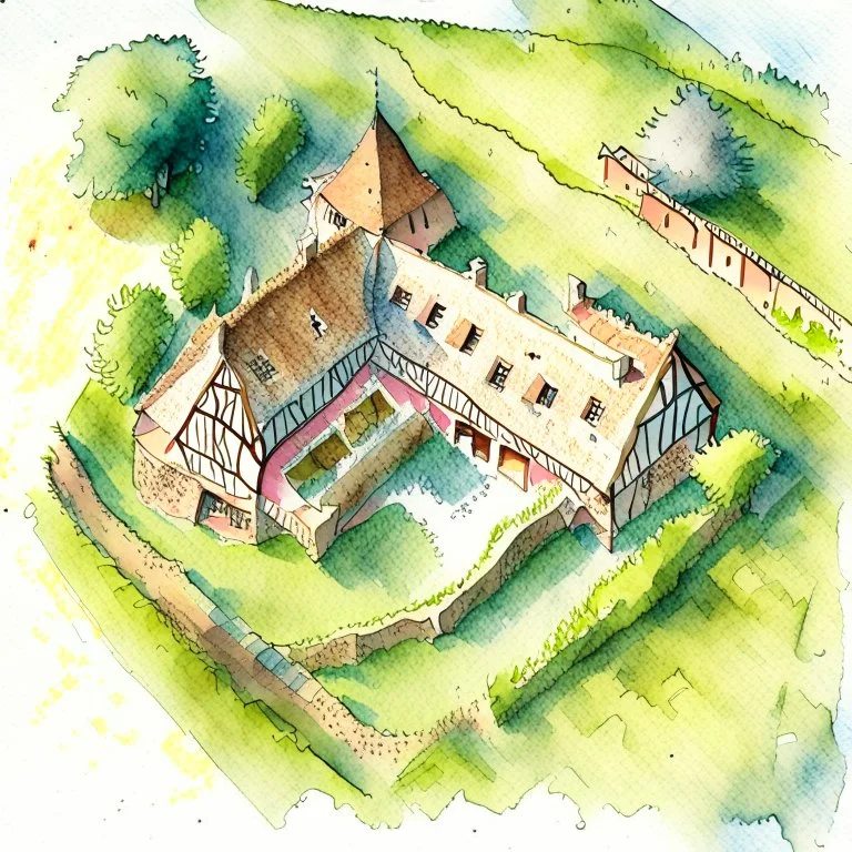 aerial view watercolour drawing of a medieval house