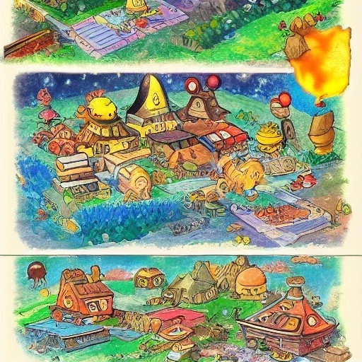 Village in the cosmos in pokemon style and dr seuss style