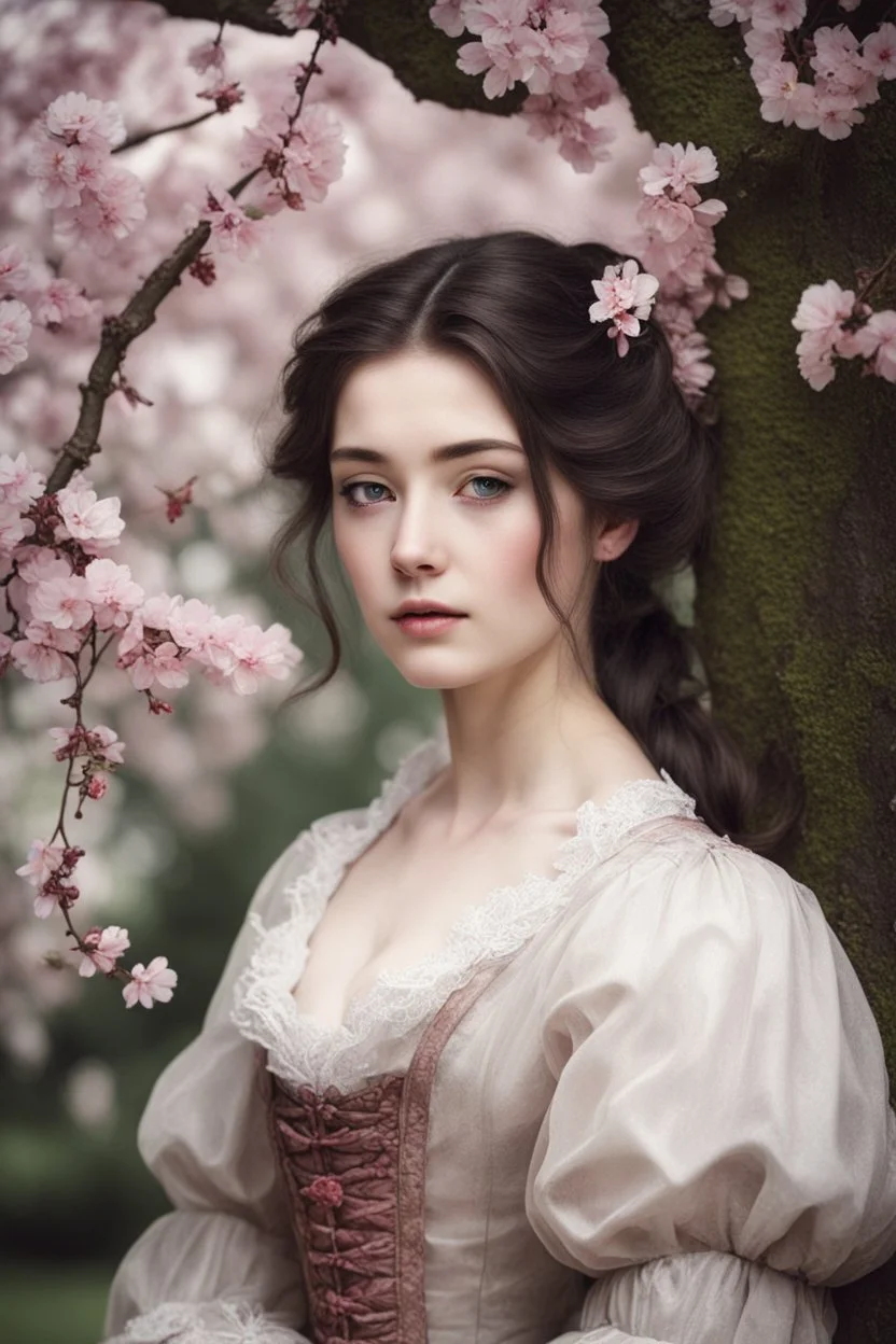 Beautiful Girl in the garden, 18 century, brunette, literally dark hair, dark eyes, fat, smell of sakura, rest, detailed face, england, she is staying under the tree