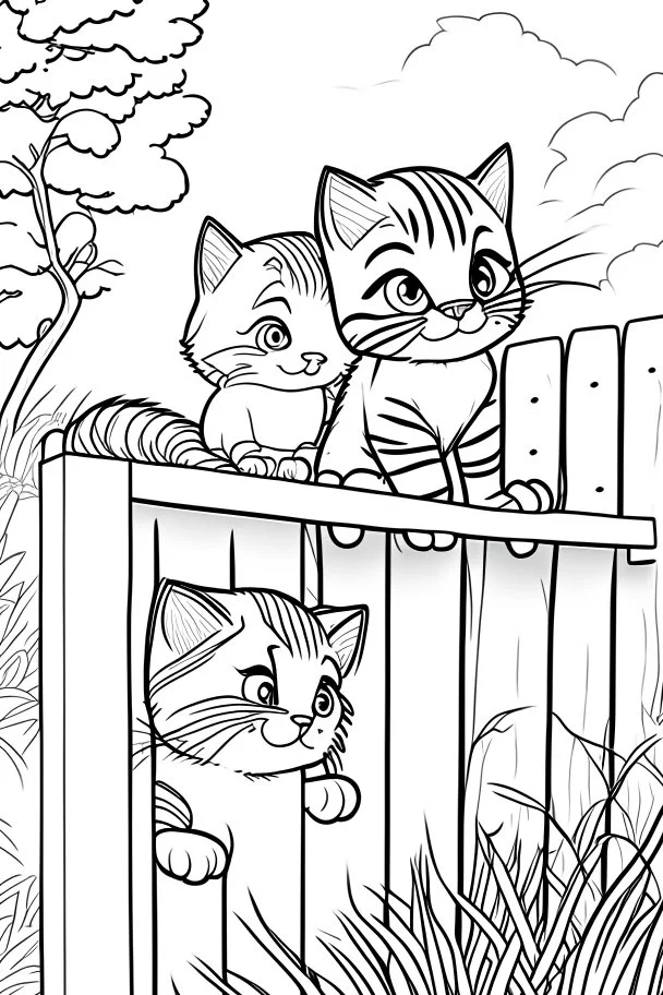 coloring page for kids, Cats on a fence, cartoon style, thick lines, low detail, no shading