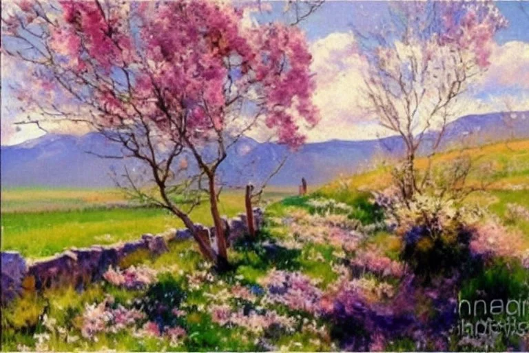 Sunny day, clouds, spring trees, spring influence, flowers, grass, prairie, stone walls, mountains, lesser ury impressionism paintings